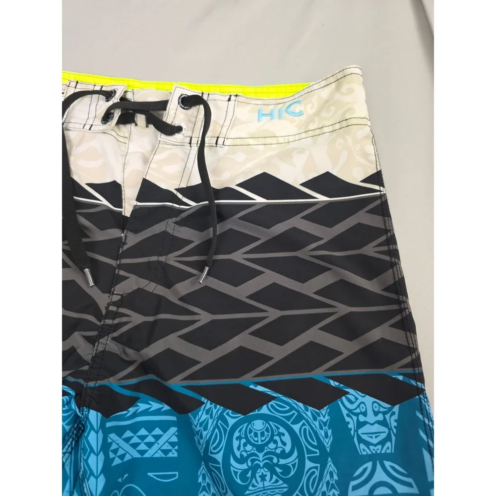 HIC Hawaiian Island Creations Board Shorts Mens Blue Tribal Print Swim Trunks